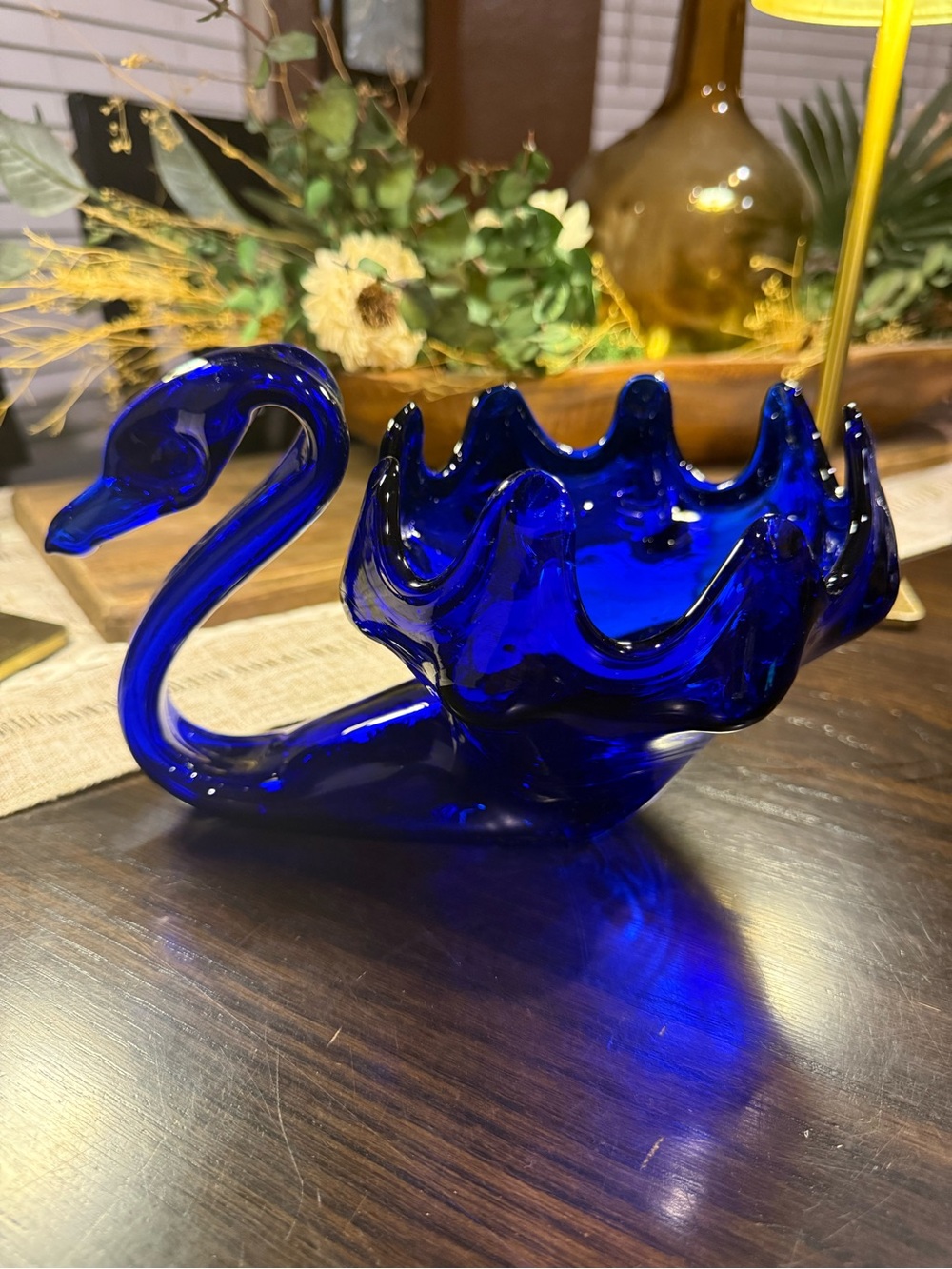 Vintage Cobalt Blue Blown Glass Swan Candy Dish MCM Decorative